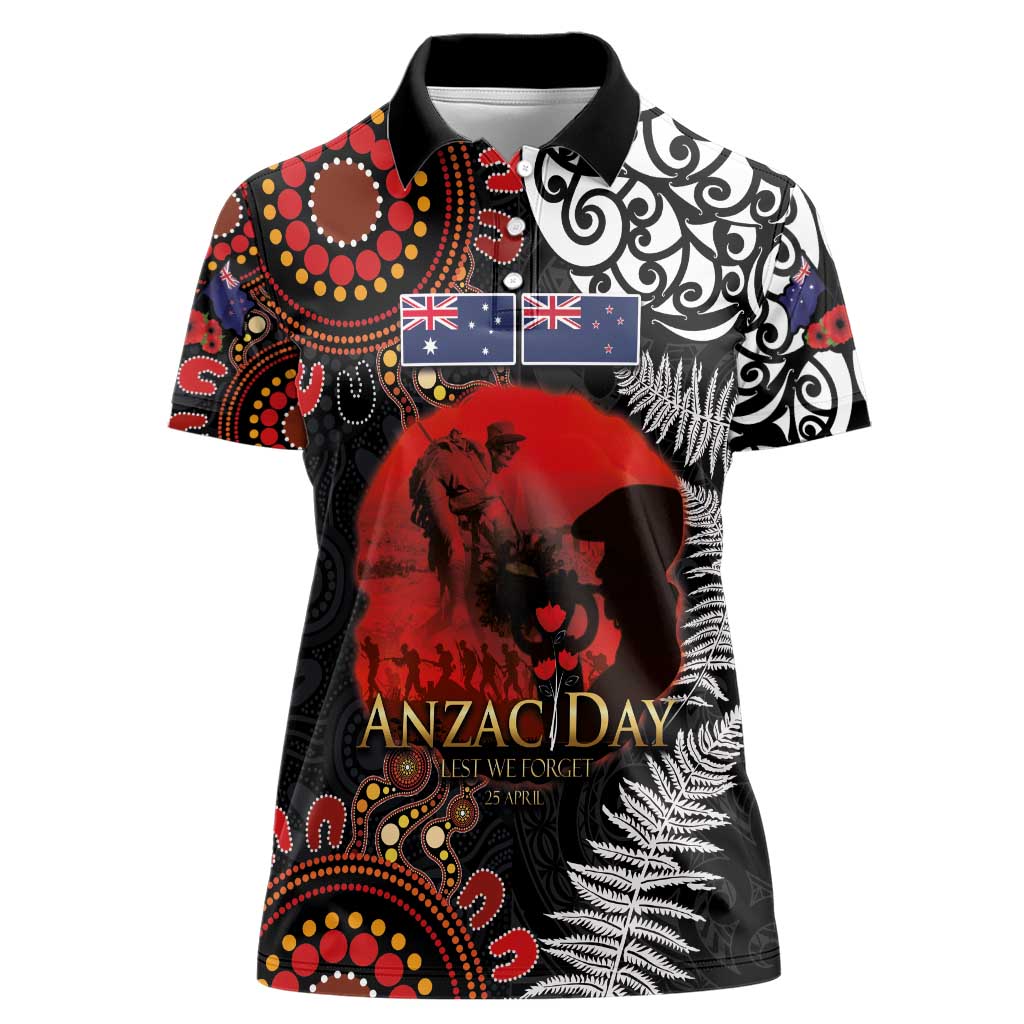 Australia and New Zealand ANZAC Day Women Polo Shirt Aboriginal and Maori Art Pattern - Gallipoli Lest We Forget