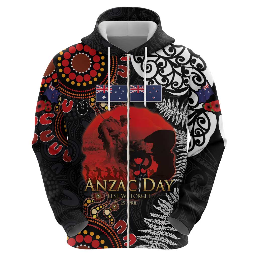 Australia and New Zealand ANZAC Day Zip Hoodie Aboriginal and Maori Art Pattern - Gallipoli Lest We Forget
