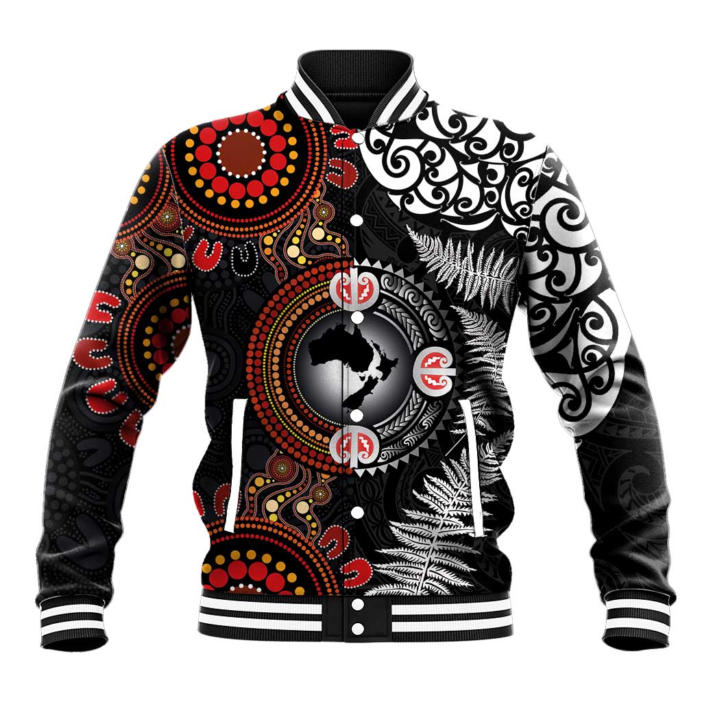 Australia and New Zealand Together Baseball Jacket Aboriginal and Maori Art Tattoo LT03 Unisex Black - Polynesian Pride
