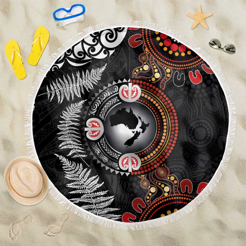 Australia and New Zealand Together Beach Blanket Aboriginal and Maori Art Tattoo LT03 One Size 150cm Black - Polynesian Pride