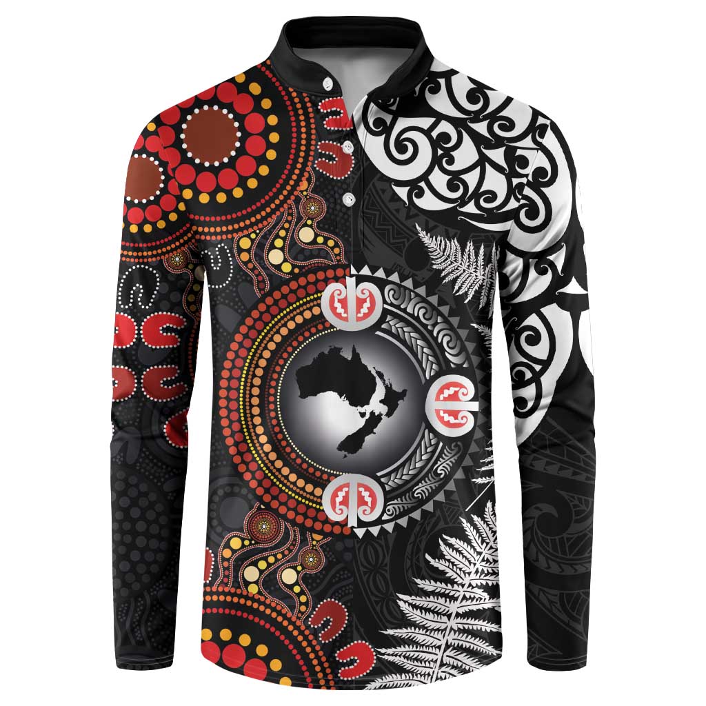 Australia and New Zealand Together Button Sweatshirt Aboriginal and Maori Art Tattoo LT03 Black - Polynesian Pride