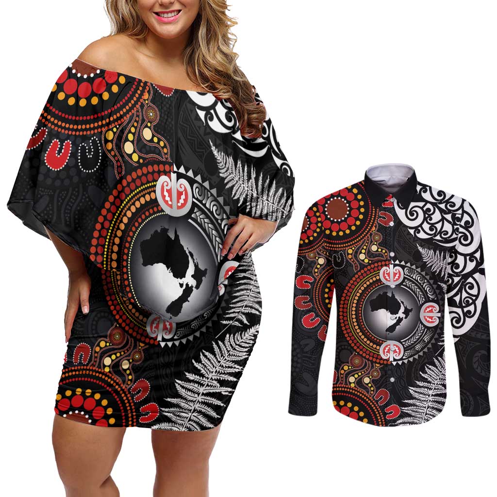Australia and New Zealand Together Couples Matching Off Shoulder Short Dress and Long Sleeve Button Shirt Aboriginal and Maori Art Tattoo LT03 Black - Polynesian Pride