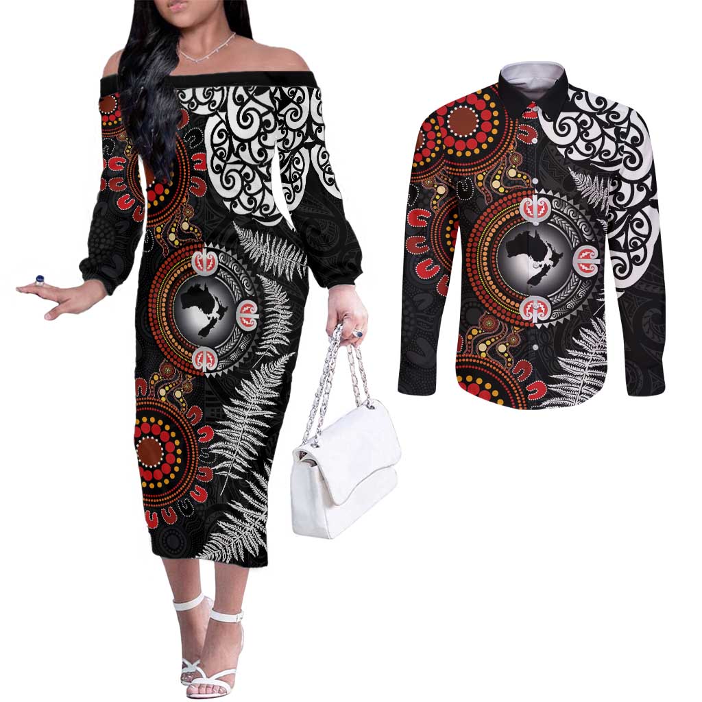 Australia and New Zealand Together Couples Matching Off The Shoulder Long Sleeve Dress and Long Sleeve Button Shirt Aboriginal and Maori Art Tattoo LT03 Black - Polynesian Pride