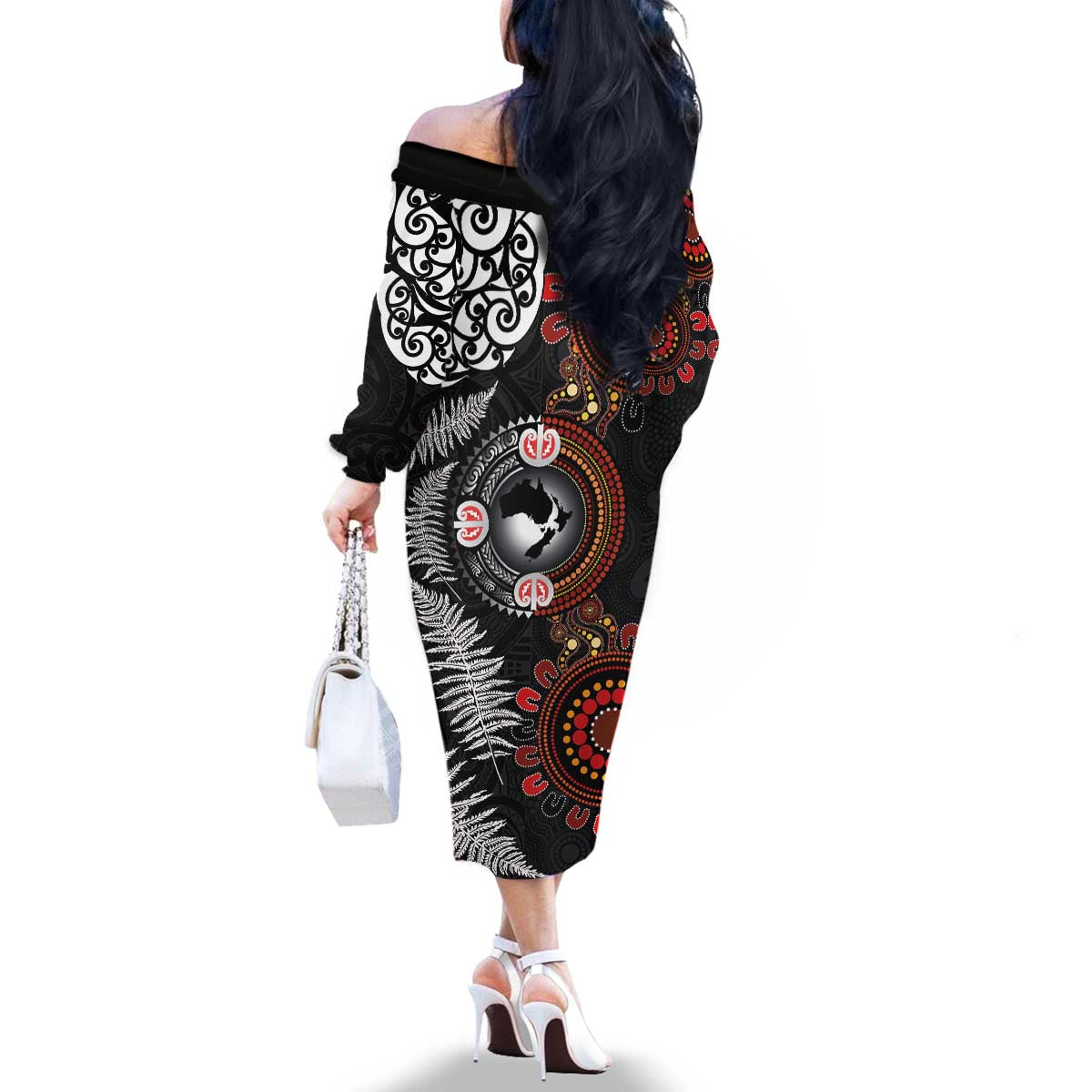 Australia and New Zealand Together Family Matching Off The Shoulder Long Sleeve Dress and Hawaiian Shirt Aboriginal and Maori Art Tattoo