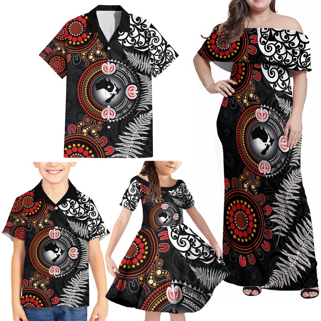 Australia and New Zealand Together Family Matching Off Shoulder Maxi Dress and Hawaiian Shirt Aboriginal and Maori Art Tattoo