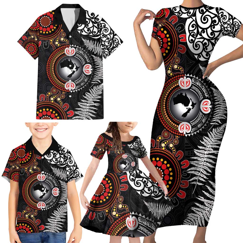 Australia and New Zealand Together Family Matching Short Sleeve Bodycon Dress and Hawaiian Shirt Aboriginal and Maori Art Tattoo