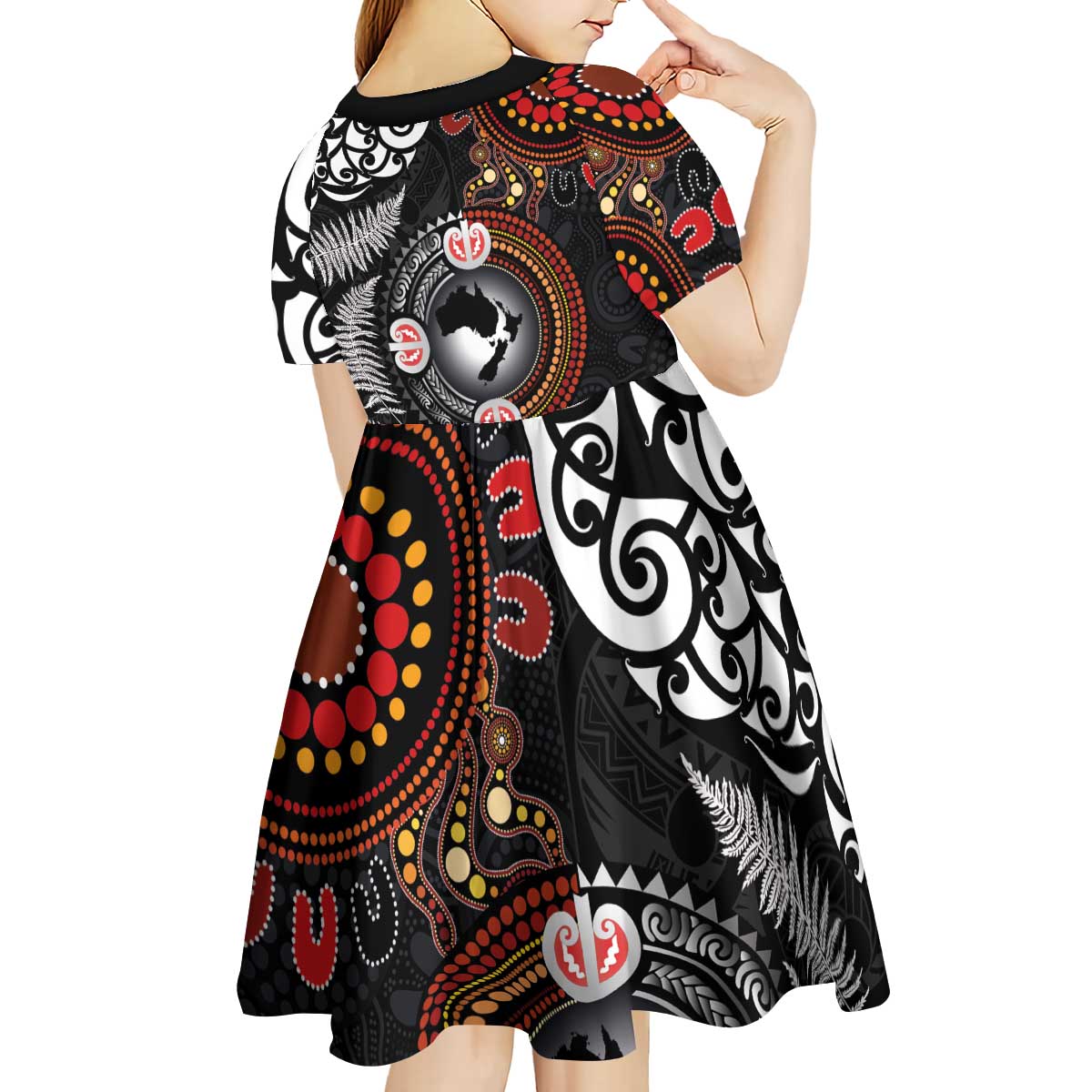 Australia and New Zealand Together Kid Short Sleeve Dress Aboriginal and Maori Art Tattoo