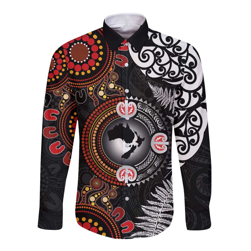 Australia and New Zealand Together Long Sleeve Button Shirt Aboriginal and Maori Art Tattoo LT03 Unisex Black - Polynesian Pride