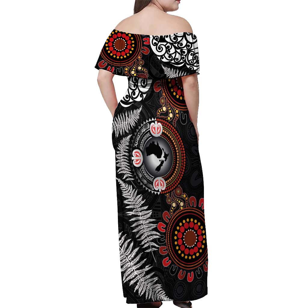 Australia and New Zealand Together Off Shoulder Maxi Dress Aboriginal and Maori Art Tattoo