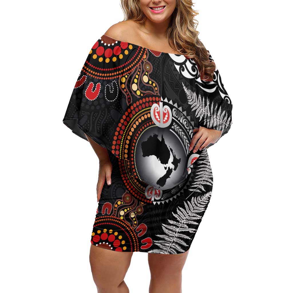 Australia and New Zealand Together Off Shoulder Short Dress Aboriginal and Maori Art Tattoo