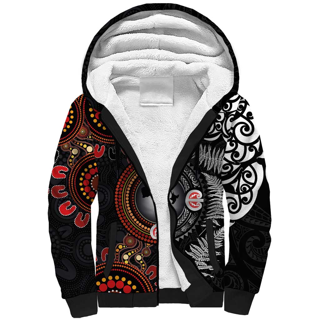 Australia and New Zealand Together Sherpa Hoodie Aboriginal and Maori Art Tattoo LT03 Unisex Black - Polynesian Pride