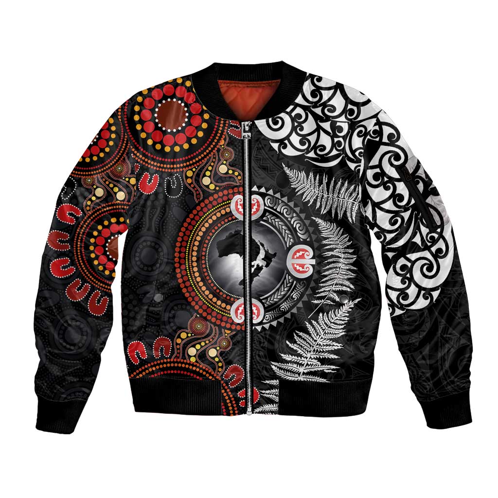 Australia and New Zealand Together Sleeve Zip Bomber Jacket Aboriginal and Maori Art Tattoo