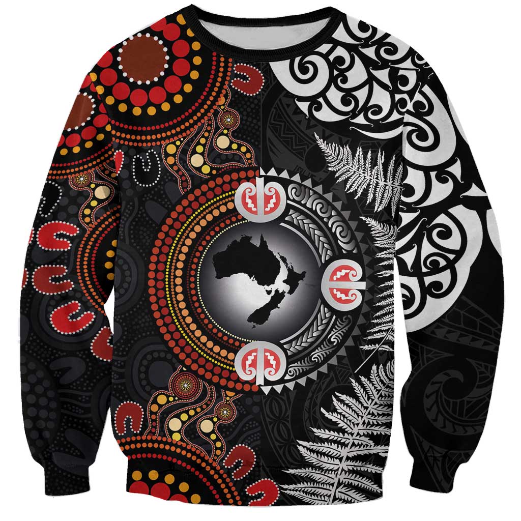 Australia and New Zealand Together Sweatshirt Aboriginal and Maori Art Tattoo LT03 Unisex Black - Polynesian Pride