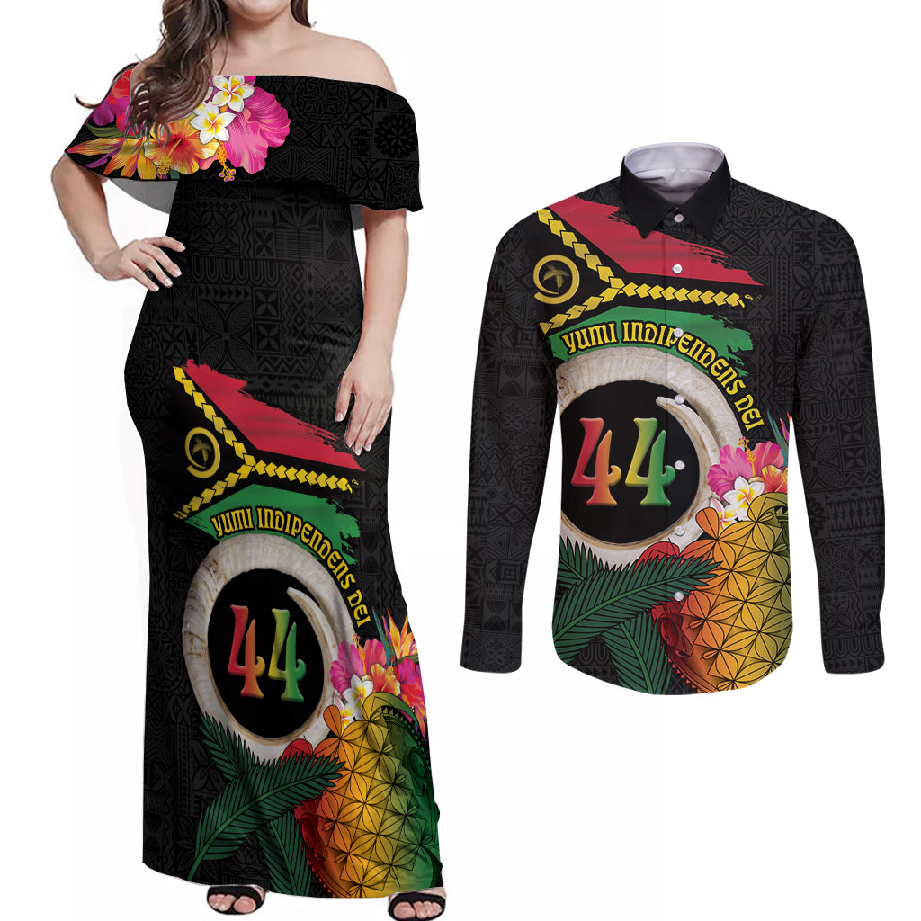 Vanuatu Selebretem 44th Indipendens Dei Couples Matching Off Shoulder Maxi Dress and Long Sleeve Button Shirt Sand Drawing Turtle Melanesian Vibes LT03 Black - Polynesian Pride