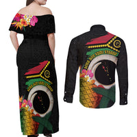 Vanuatu Selebretem 44th Indipendens Dei Couples Matching Off Shoulder Maxi Dress and Long Sleeve Button Shirt Sand Drawing Turtle Melanesian Vibes LT03 - Polynesian Pride