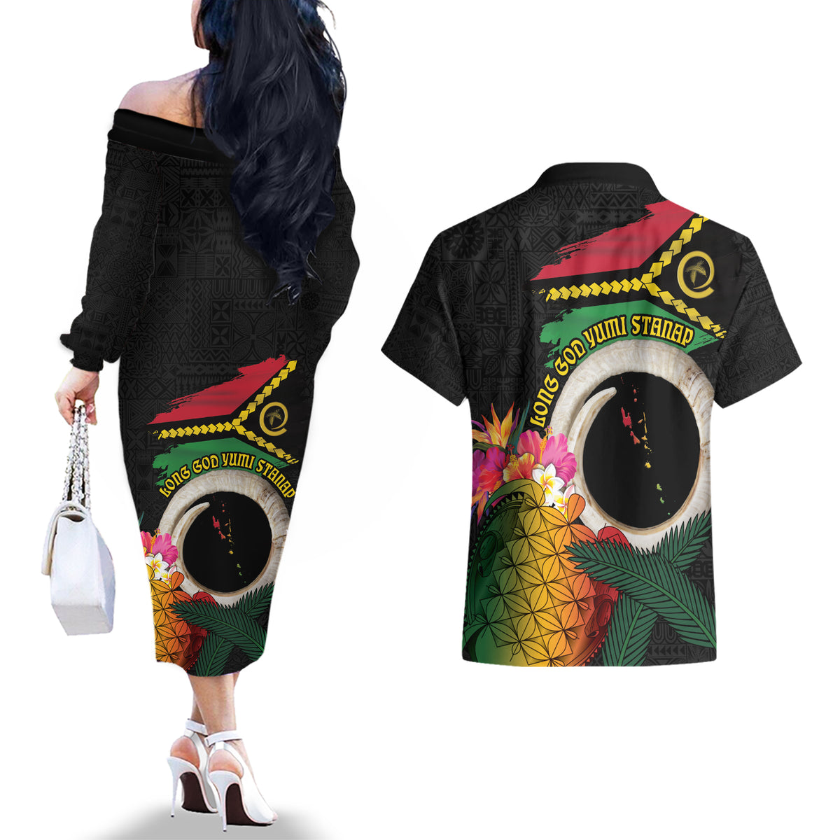Vanuatu Selebretem 44th Indipendens Dei Couples Matching Off The Shoulder Long Sleeve Dress and Hawaiian Shirt Sand Drawing Turtle Melanesian Vibes