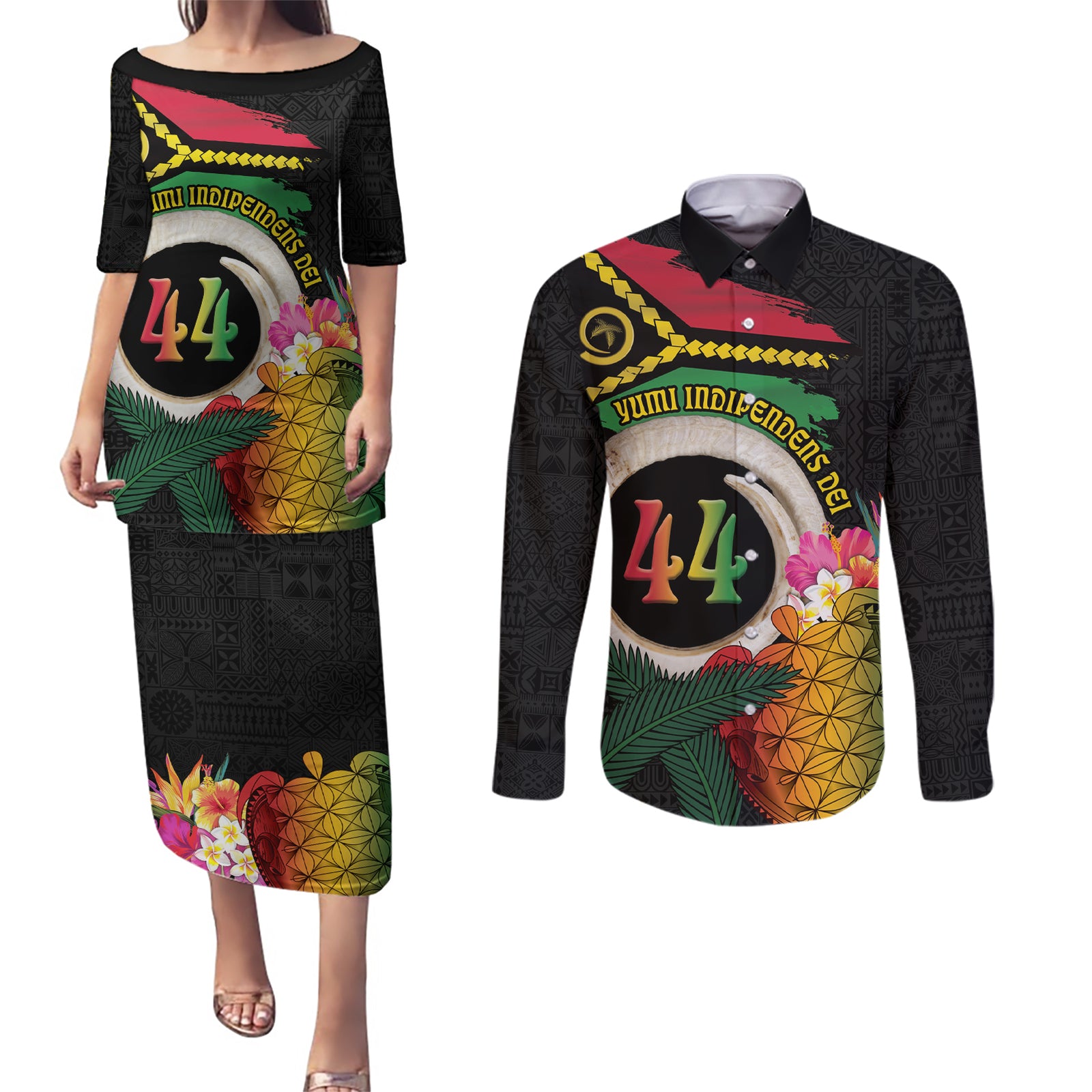 Vanuatu Selebretem 44th Indipendens Dei Couples Matching Puletasi and Long Sleeve Button Shirt Sand Drawing Turtle Melanesian Vibes LT03 Black - Polynesian Pride