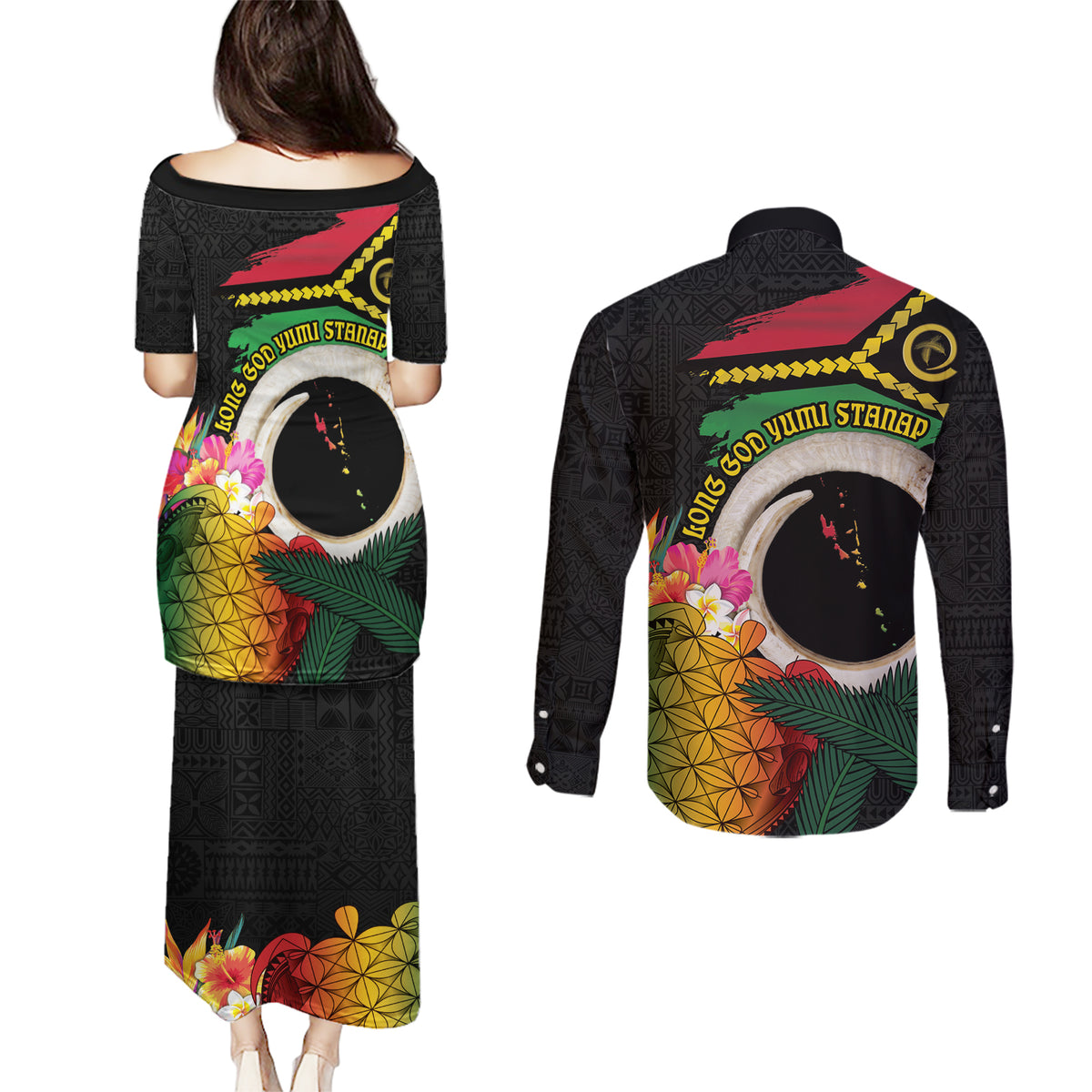 Vanuatu Selebretem 44th Indipendens Dei Couples Matching Puletasi and Long Sleeve Button Shirt Sand Drawing Turtle Melanesian Vibes LT03 - Polynesian Pride