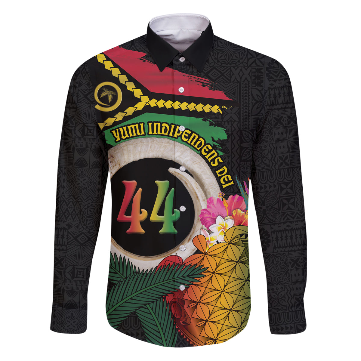 Vanuatu Selebretem 44th Indipendens Dei Family Matching Puletasi and Hawaiian Shirt Sand Drawing Turtle Melanesian Vibes LT03 Dad's Shirt - Long Sleeve Black - Polynesian Pride