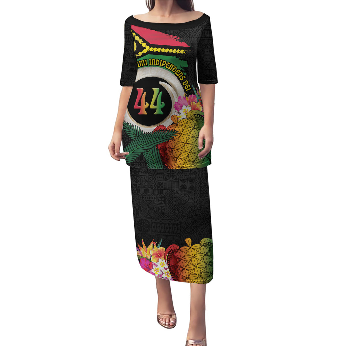 Vanuatu Selebretem 44th Indipendens Dei Puletasi Sand Drawing Turtle Melanesian Vibes LT03 Long Dress Black - Polynesian Pride