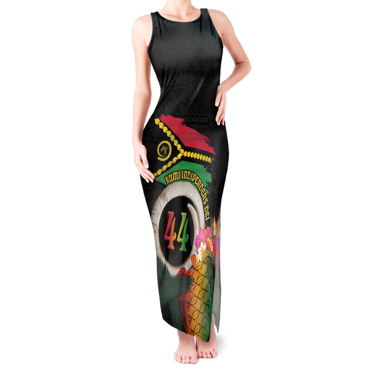 Vanuatu Selebretem 44th Indipendens Dei Tank Maxi Dress Sand Drawing Turtle Melanesian Vibes LT03 Women Black - Polynesian Pride