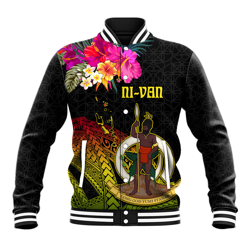Vanuatu Ni-Van Baseball Jacket Coat of Arms Sand Drawing LT03 Unisex Black - Polynesian Pride