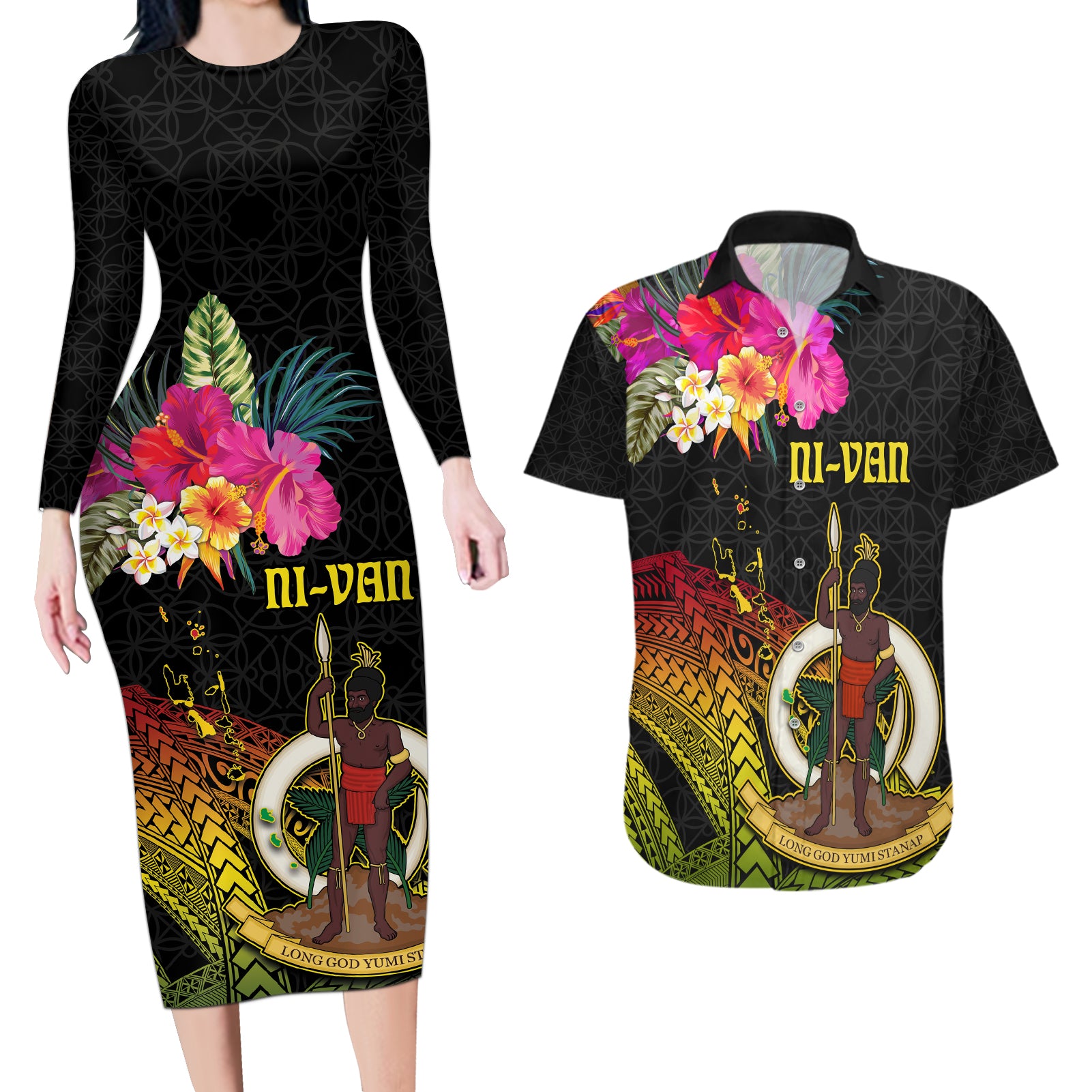 Vanuatu Ni-Van Couples Matching Long Sleeve Bodycon Dress and Hawaiian Shirt Coat of Arms Sand Drawing