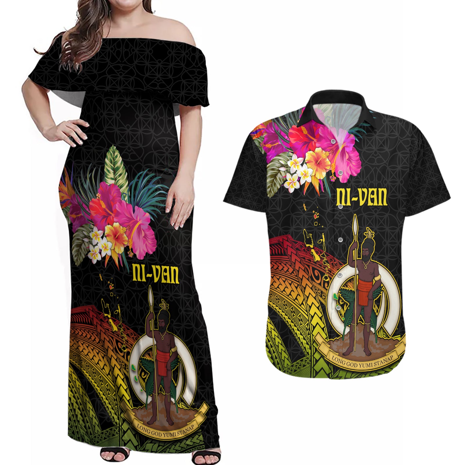 Vanuatu Ni-Van Couples Matching Off Shoulder Maxi Dress and Hawaiian Shirt Coat of Arms Sand Drawing