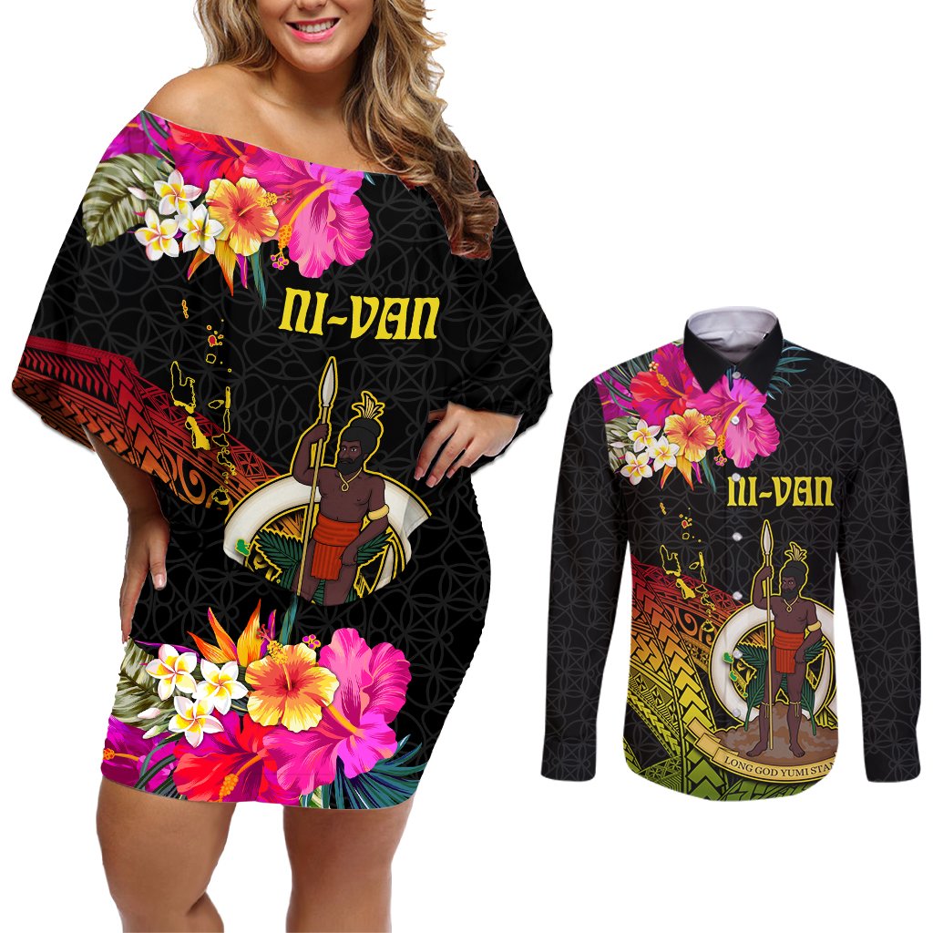 Vanuatu Ni-Van Couples Matching Off Shoulder Short Dress and Long Sleeve Button Shirt Coat of Arms Sand Drawing LT03 Black - Polynesian Pride