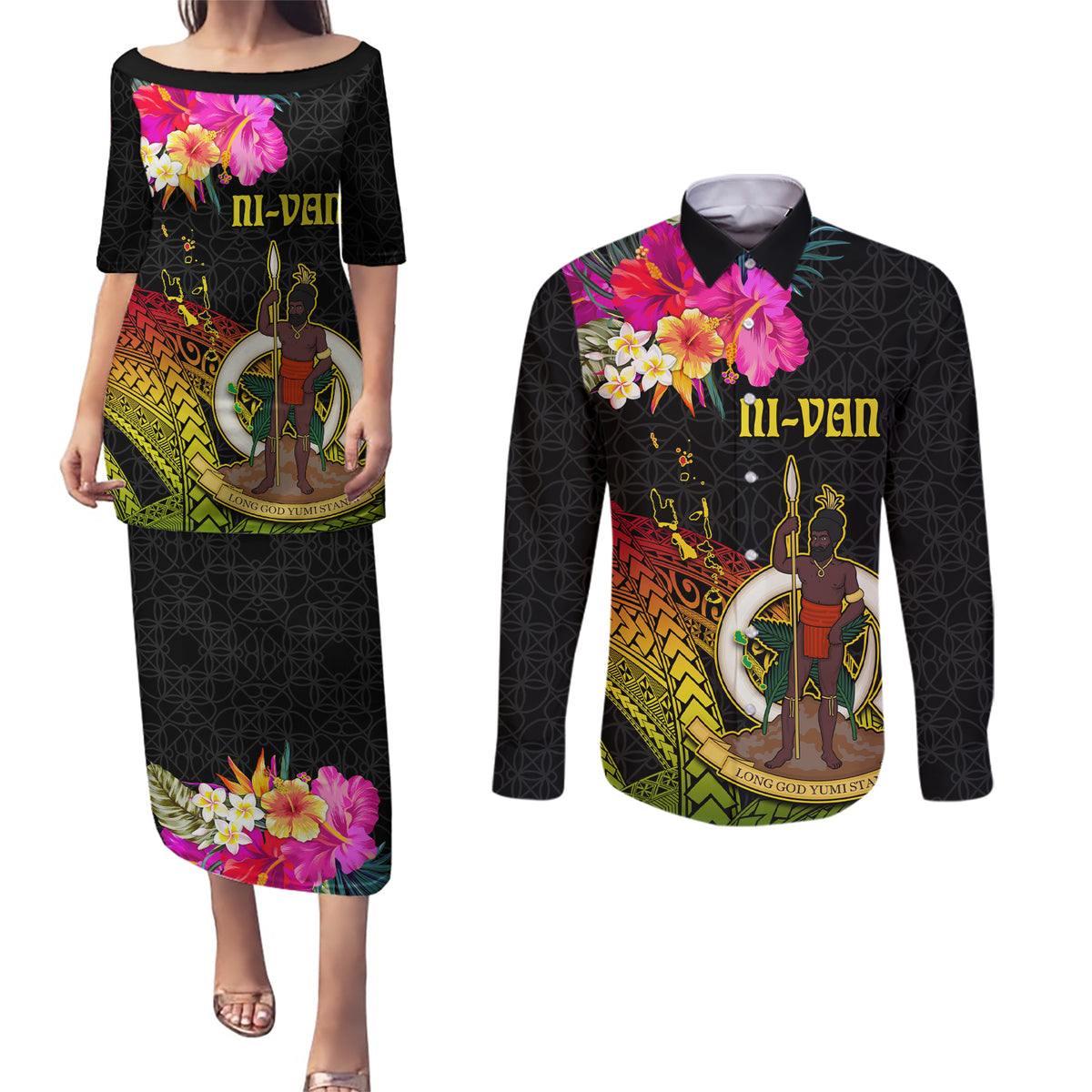 Vanuatu Ni-Van Couples Matching Puletasi and Long Sleeve Button Shirt Coat of Arms Sand Drawing LT03 Black - Polynesian Pride