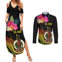 Vanuatu Ni-Van Couples Matching Summer Maxi Dress and Long Sleeve Button Shirt Coat of Arms Sand Drawing LT03 Black - Polynesian Pride