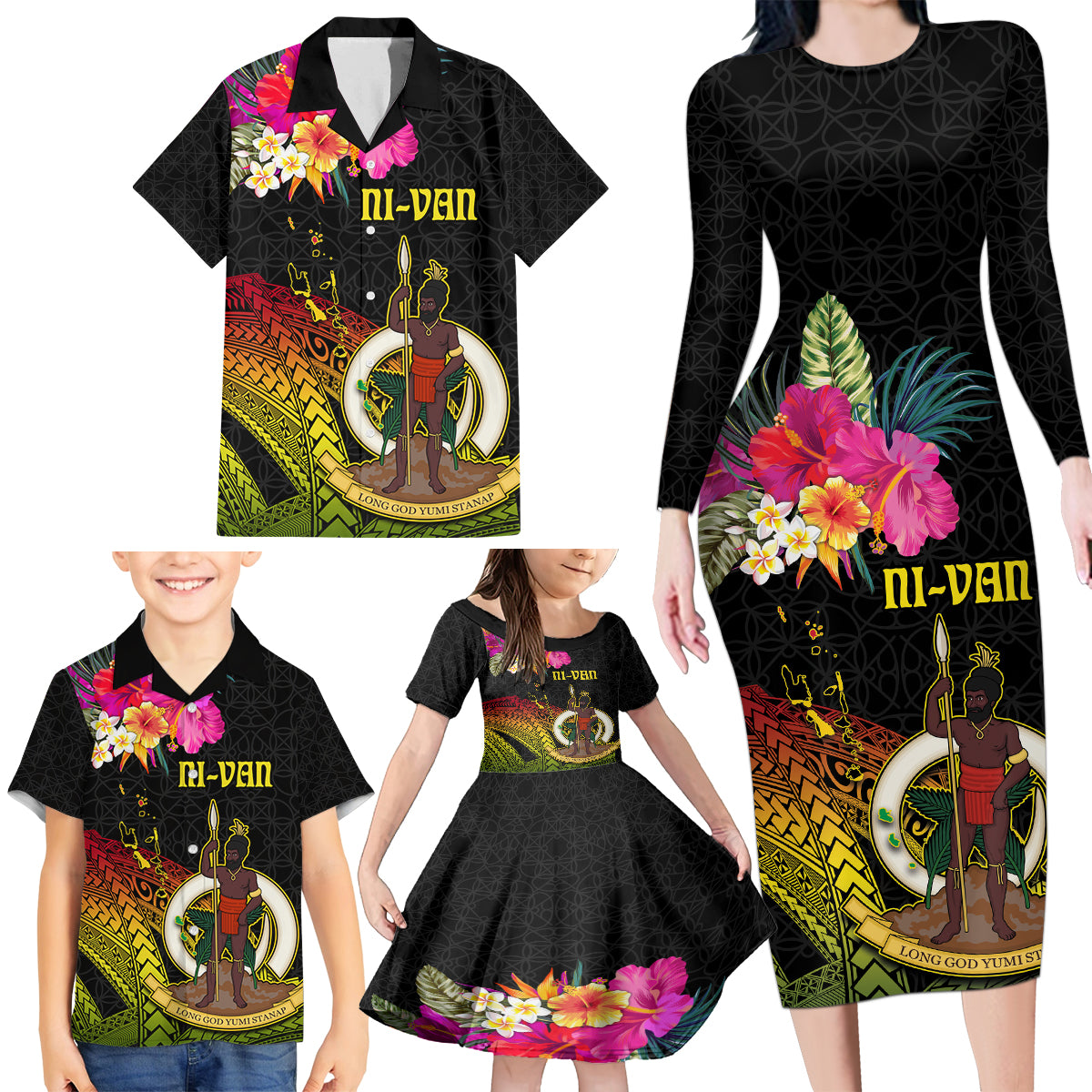 Vanuatu Ni-Van Family Matching Long Sleeve Bodycon Dress and Hawaiian Shirt Coat of Arms Sand Drawing