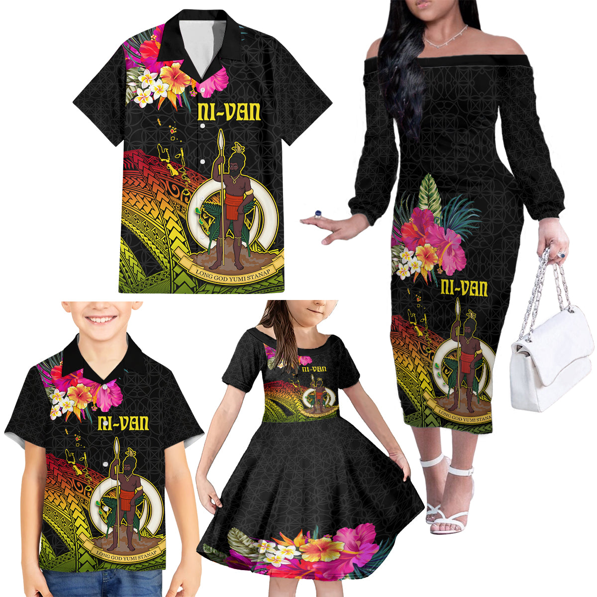 Vanuatu Ni-Van Family Matching Off The Shoulder Long Sleeve Dress and Hawaiian Shirt Coat of Arms Sand Drawing