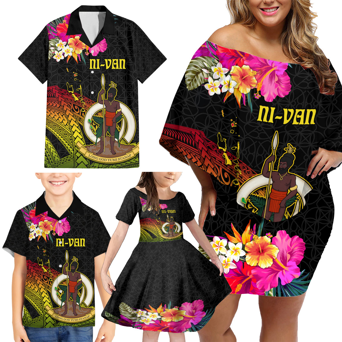 Vanuatu Ni-Van Family Matching Off Shoulder Short Dress and Hawaiian Shirt Coat of Arms Sand Drawing