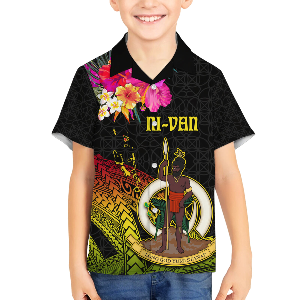 Vanuatu Ni-Van Family Matching Off Shoulder Short Dress and Hawaiian Shirt Coat of Arms Sand Drawing LT03 Son's Shirt Black - Polynesian Pride
