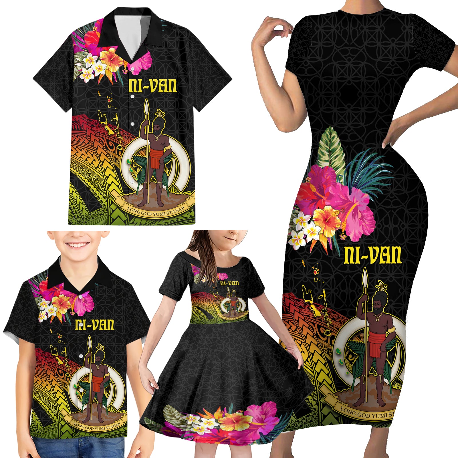 Vanuatu Ni-Van Family Matching Short Sleeve Bodycon Dress and Hawaiian Shirt Coat of Arms Sand Drawing