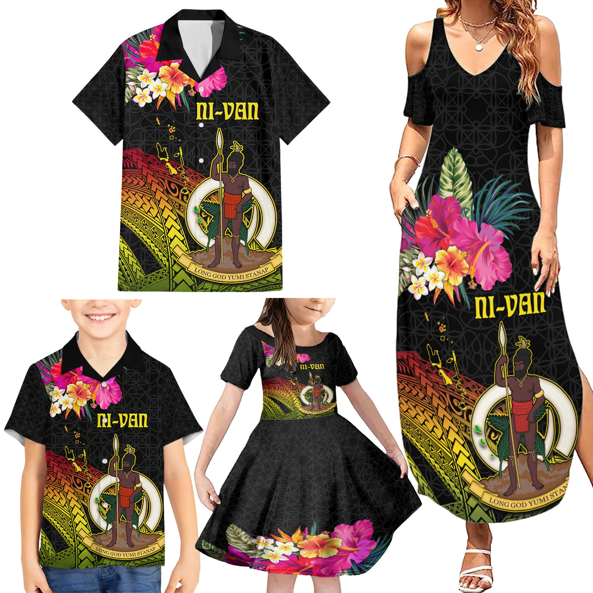 Vanuatu Ni-Van Family Matching Summer Maxi Dress and Hawaiian Shirt Coat of Arms Sand Drawing