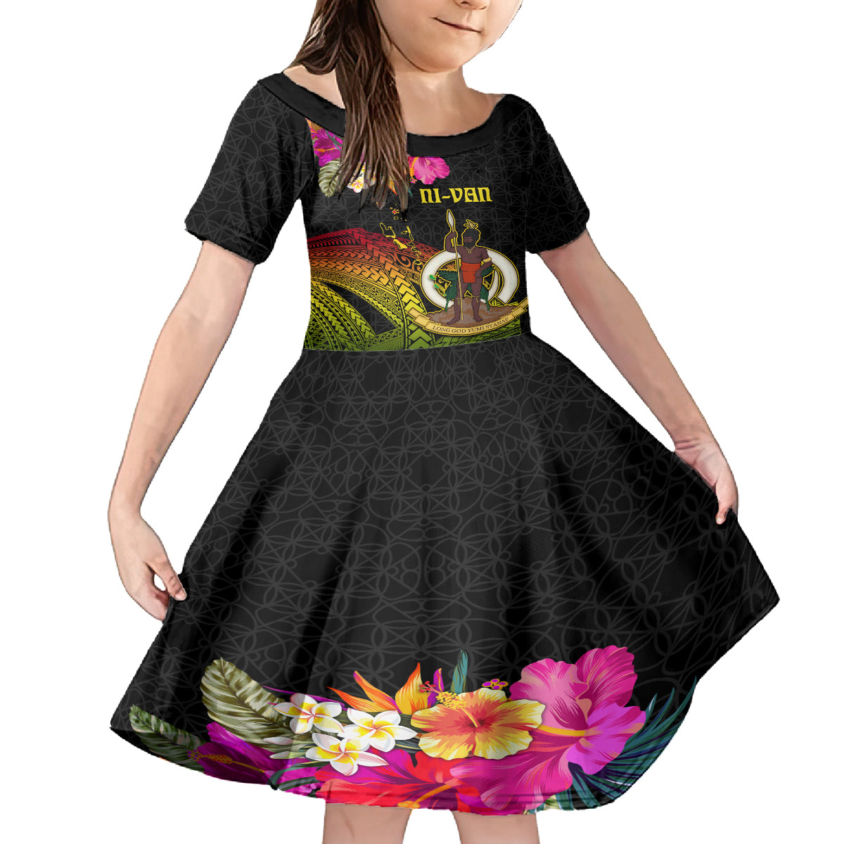 Vanuatu Ni-Van Family Matching Tank Maxi Dress and Hawaiian Shirt Coat of Arms Sand Drawing LT03 Daughter's Dress Black - Polynesian Pride