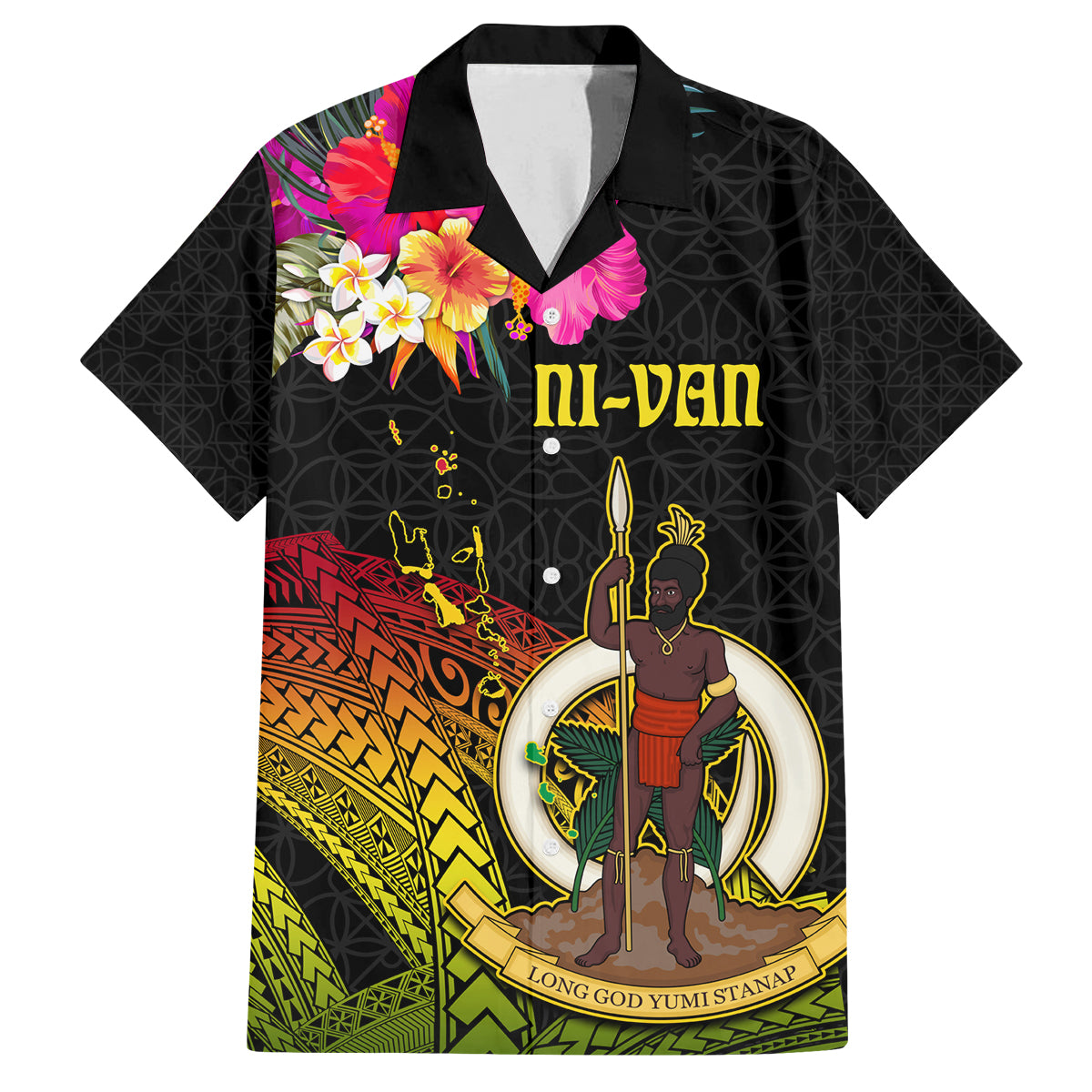 Vanuatu Ni-Van Family Matching Tank Maxi Dress and Hawaiian Shirt Coat of Arms Sand Drawing LT03 Dad's Shirt - Short Sleeve Black - Polynesian Pride
