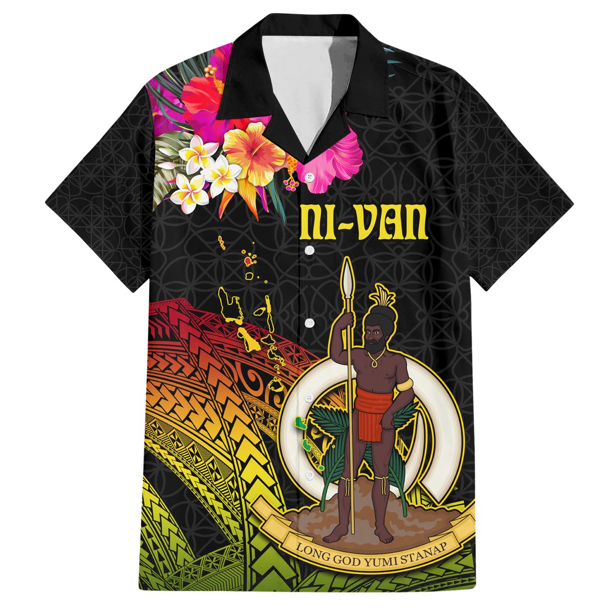 Vanuatu Ni-Van Hawaiian Shirt Coat of Arms Sand Drawing LT03 Black - Polynesian Pride