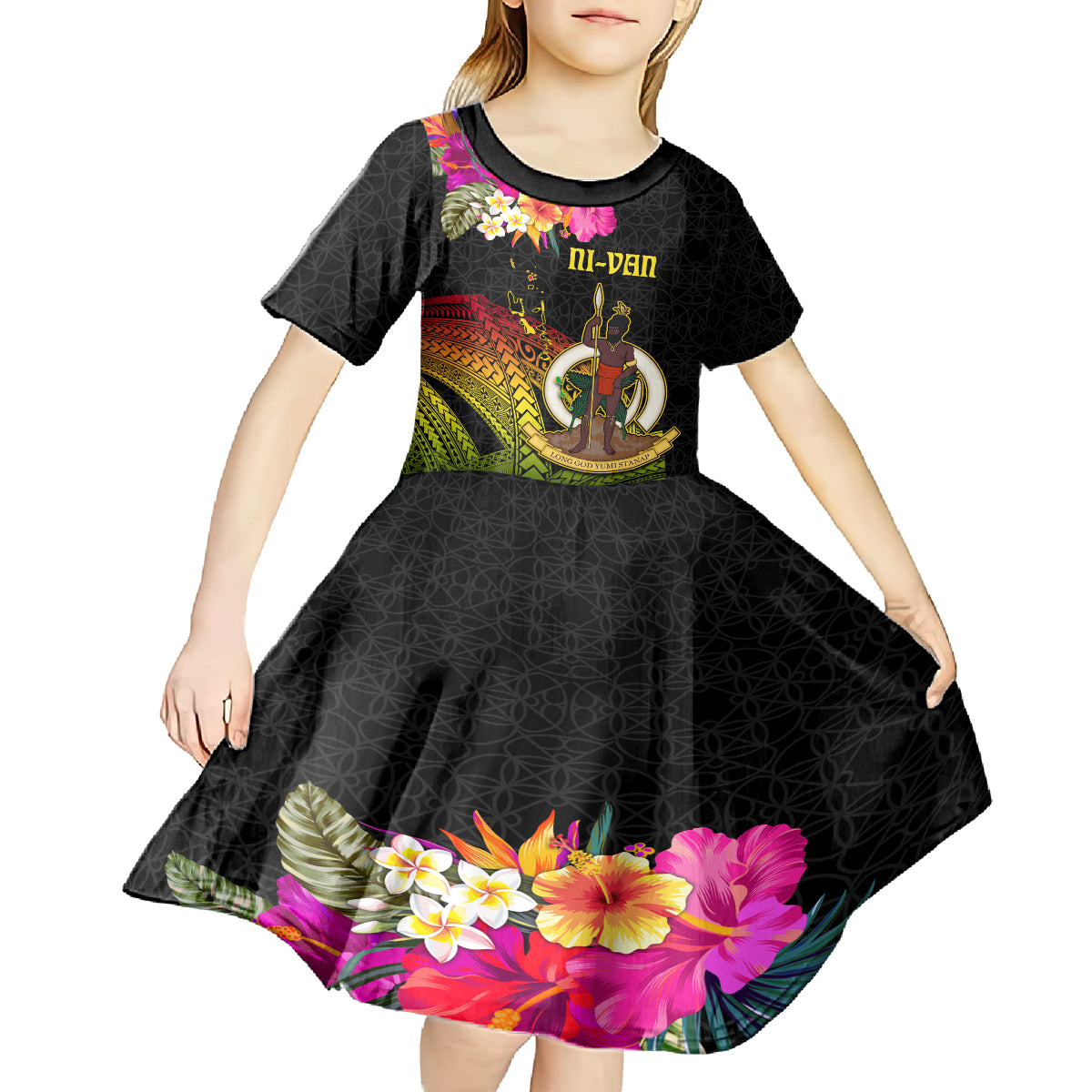 Vanuatu Ni-Van Kid Short Sleeve Dress Coat of Arms Sand Drawing