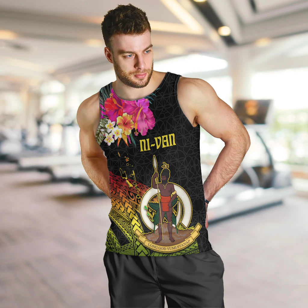 Vanuatu Ni-Van Men Tank Top Coat of Arms Sand Drawing LT03 Black - Polynesian Pride