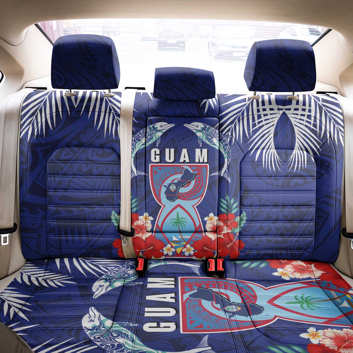 Guam Liberation Day Back Car Seat Cover The Tribal Latte Stone and Dolphins with Hibiscus Chamorro Culture