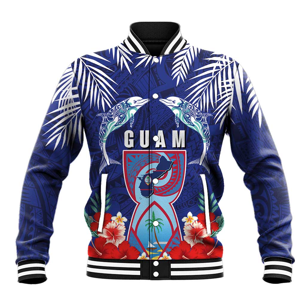 Guam Liberation Day Baseball Jacket The Tribal Latte Stone and Dolphins with Hibiscus Chamorro Culture
