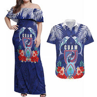 Guam Liberation Day Couples Matching Off Shoulder Maxi Dress and Hawaiian Shirt The Tribal Latte Stone and Dolphins with Hibiscus Chamorro Culture
