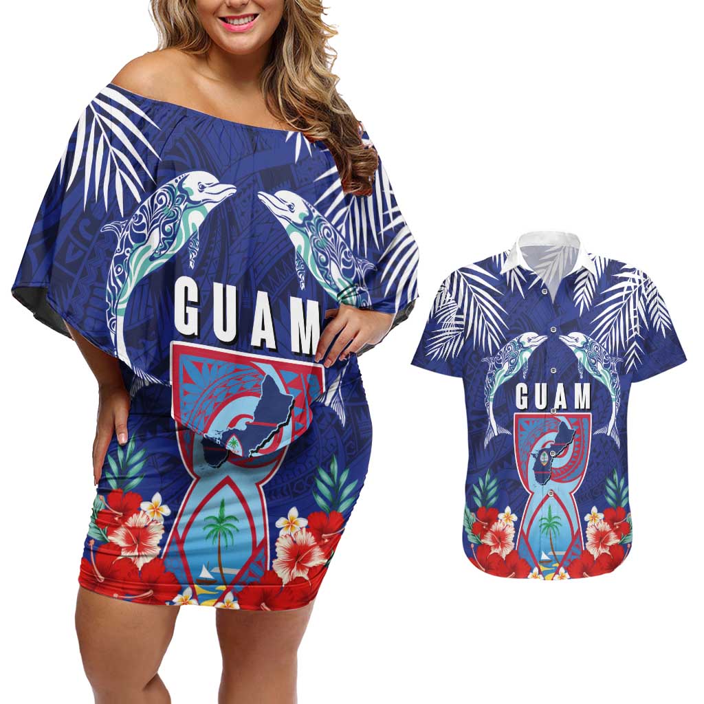 Guam Liberation Day Couples Matching Off Shoulder Short Dress and Hawaiian Shirt The Tribal Latte Stone and Dolphins with Hibiscus Chamorro Culture