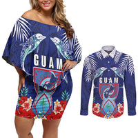 Guam Liberation Day Couples Matching Off Shoulder Short Dress and Long Sleeve Button Shirt The Tribal Latte Stone and Dolphins with Hibiscus Chamorro Culture