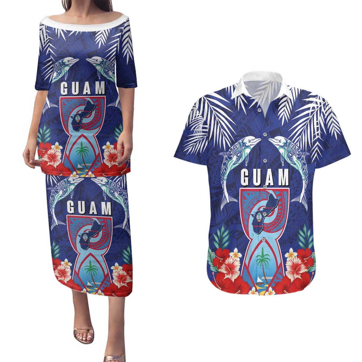 Guam Liberation Day Couples Matching Puletasi and Hawaiian Shirt The Tribal Latte Stone and Dolphins with Hibiscus Chamorro Culture