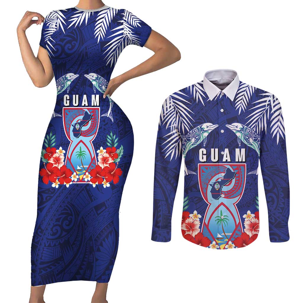 Guam Liberation Day Couples Matching Short Sleeve Bodycon Dress and Long Sleeve Button Shirt The Tribal Latte Stone and Dolphins with Hibiscus Chamorro Culture