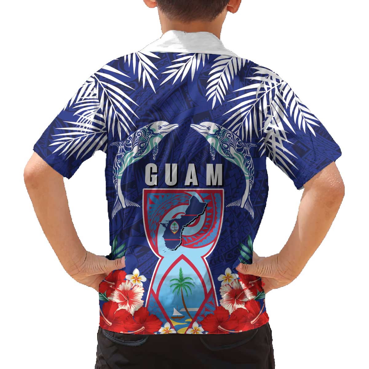 Guam Liberation Day Family Matching Off The Shoulder Long Sleeve Dress and Hawaiian Shirt The Tribal Latte Stone and Dolphins with Hibiscus Chamorro Culture